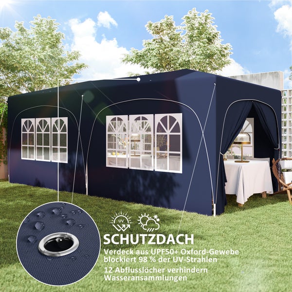 Outsunny Pavillon ca. 3x6m, wasserabweisend Stabil Winterfest Pop-up Faltpavillon, UV Schutz 50+, Faltbar Partyzelt Gartenzelt mit 6 Seitenteilen Tasche Gartenpavillon für Camping Garten, Dunkelblau