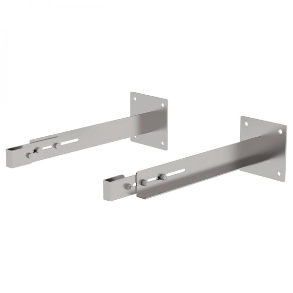 Paar verstellbare Wandhalterungen aus Metall mit Montageplatten und Schraubverbindungen.