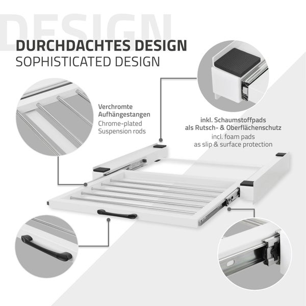 ML-Design Zwischenbaurahmen mit Wäscheleine, Stahl 60,5x54,5cm Weiß, Waschmaschine/Trockner Verbindungsrahmen, Zwischenbausatz mit ausziehbarer Handtuchhalter, Zwischenrahmen Universal, Trocknersäule