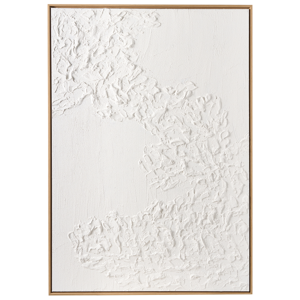 Abstraktes Wandbild in Weiß mit Reliefstruktur und hellem Holzrahmen.