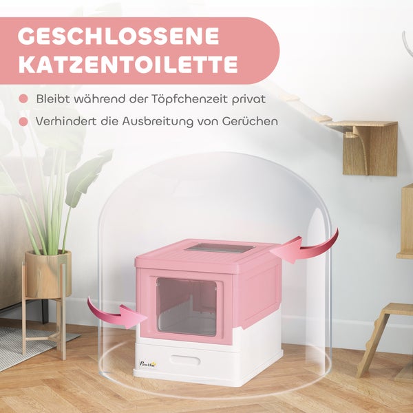 PawHut Katzentoilette Katzenklo mit Deckel Katzenhaus mit Bodenschale und Schaufel Desodorierungsbox Kunststoff Weiß+Rosa 47,5 x 35,5 x 36,7 cm