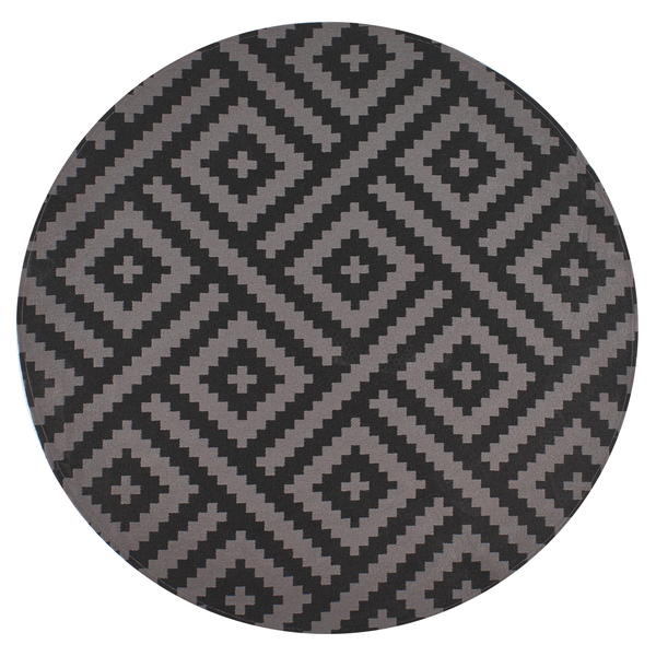 Runder Teppich mit geometrischem Rautenmuster und Kreuzen in Grau und Schwarz.