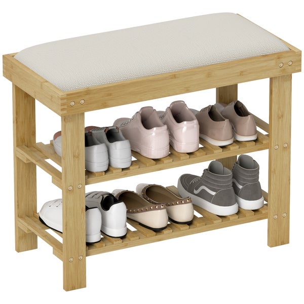 HOMCOM Schuhbank mit Sitzfläche, Bambus Sitzbank mit Stauraum, Schuhregal mit 2 offene Fächer, Sitzbank, Bank, Garderobenbank für Wohnzimmer, Flur, 60 x 29 x 49 cm Cremeweiß