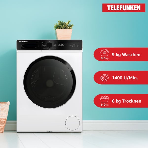 Telefunken Waschtrockner Kombi 9 kg Waschen / 6 kg Trocknen Waschmaschine mit Trockner integriert 1400 U/Min Weiß