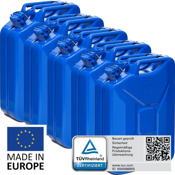 Mehrere blaue 20 Liter Kanister aus Metall