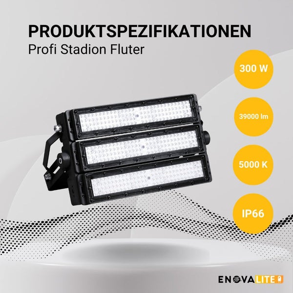ENOVALITE Profi LED Stadion Fluter Flutlichtstrahler 300W 39000lm 5000K Neutralweiß Strahler IP66 IK10 Meanwell Driver