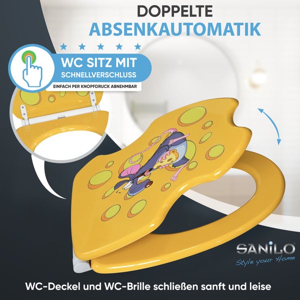 Sanilo Toilettensitz mit Mäuse-Motiv, doppelter Absenkautomatik und Schnellverschluss-Funktion. Sanilo Logo.