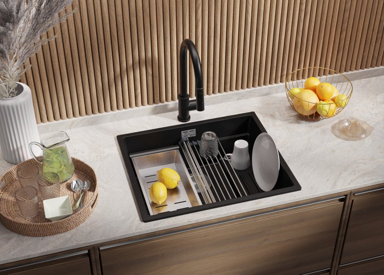 PRIMAGRAN Spülbecken Alles Schwarz 56x47cm, Granitspüle 1 Becken + Ablauf-Set + Aufrollbare Abtropffläche, Küchenspüle ab 60er Unterschrank - Praga Slim