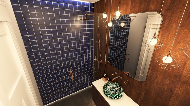 Modernes Badezimmer mit blauen Fliesen, Dusche, Waschtisch mit grünem Waschbecken und Spiegel