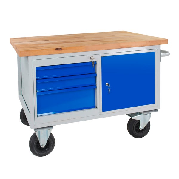 PROREGAL Mobile Werkbank Rhino mit 3 Schubladen 1 Tür HxBxT 83 x 130 x 60 cm Traglast 500 kg Lichtgrau Blau