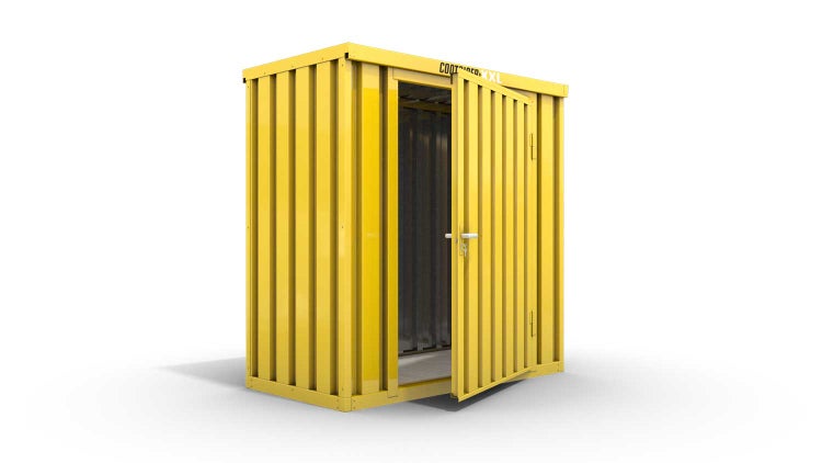 Lagercontainer Gerätehaus XS  – 2 qm, H2150 x B2100 x T1140 mm, Außenwandlackierung RAL 1003 signalgelb, Dach außen verzinkt, mit Holzfußboden, 1270 mm Einflügeltür mittig in Breitseite, montiert