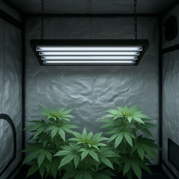 Rechteckige LED-Pflanzenlampe an Ketten aufgehängt in einem Growzelt über drei kräftigen Pflanzen.