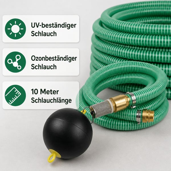 UV-beständiger und ozonbeständiger Saugschlauch mit zehn Meter Länge, inklusive Schwimmer und Filter für Pumpenanwendungen.