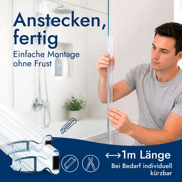 Mann montiert eine transparente Duschdichtung an eine Glaswand. Die Dichtung hat eine Länge von 1 Meter und ist individuell kürzbar.