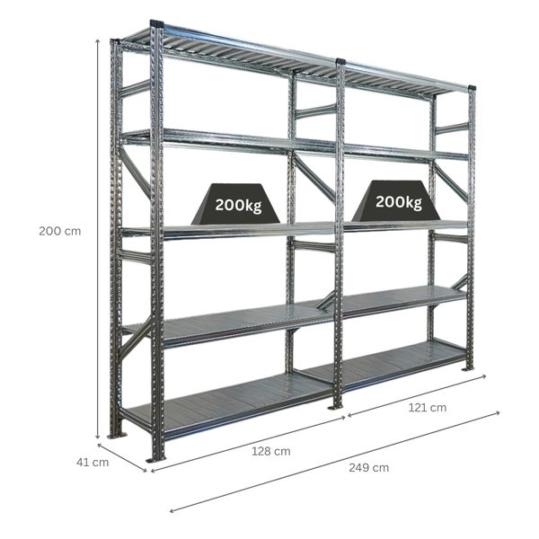 Metallregal mit den Maßen 200 cm Höhe, 41 cm Tiefe und 249 cm Breite. Die Belastbarkeit beträgt 200 Kilogramm pro Ebene.