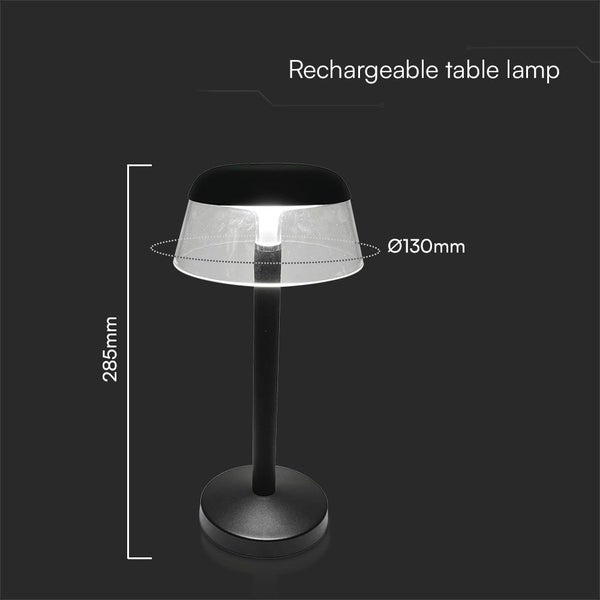 Wiederaufladbare Tischleuchte mit den Maßen 285 mm Höhe und 130 mm Durchmesser