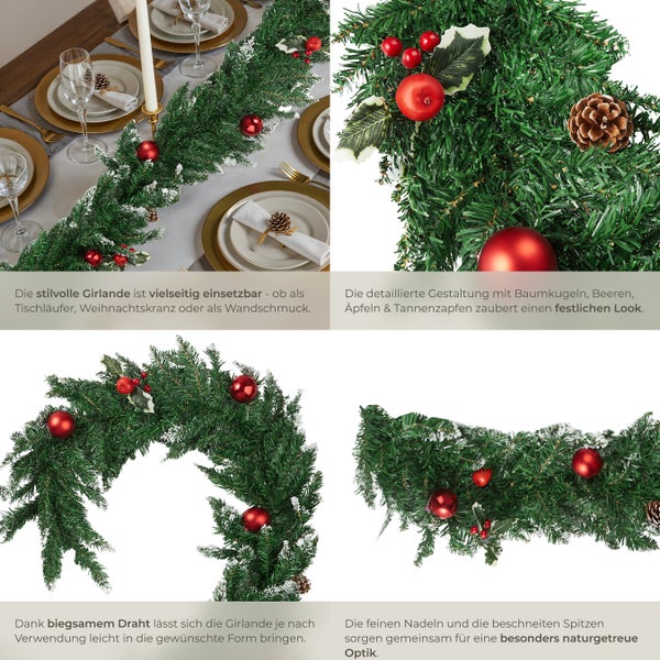 Dekorative Tannengirlande mit Weihnachtskugeln und Tannenzapfen als Tischdeko oder Wanddekoration