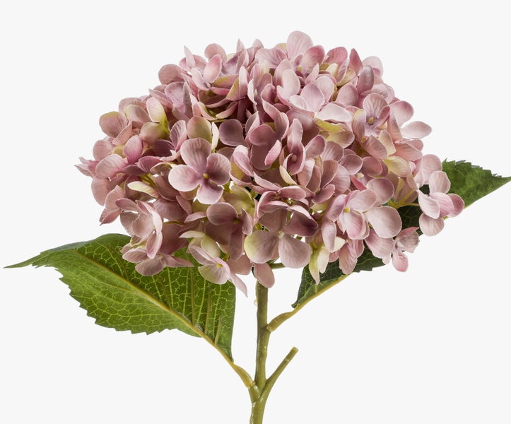 Künstliche Hortensie in Rosa mit grünem Stiel und Blättern.