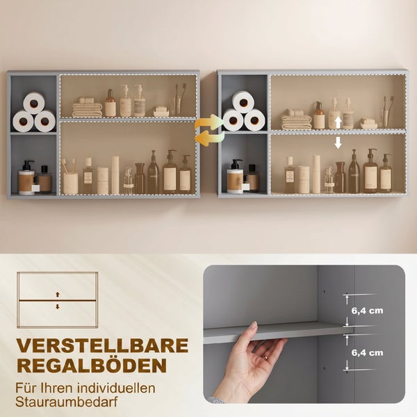 Wandschrank mit verstellbaren Regalböden in 6,4 Zentimeter Schritten für flexiblen Stauraum.