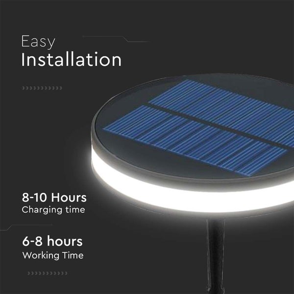Solarleuchte mit einer Ladezeit von 8 bis 10 Stunden und einer Betriebszeit von 6 bis 8 Stunden.