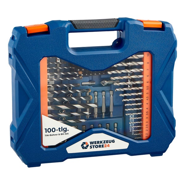 100-teiliges TIN-Bohrer und Bit-Set im blauen Werkzeugkoffer