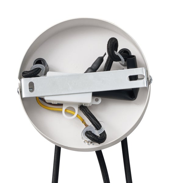 Deckenbaldachin einer Leuchte mit Montageschiene, Anschlussklemme und Textilkabeln.