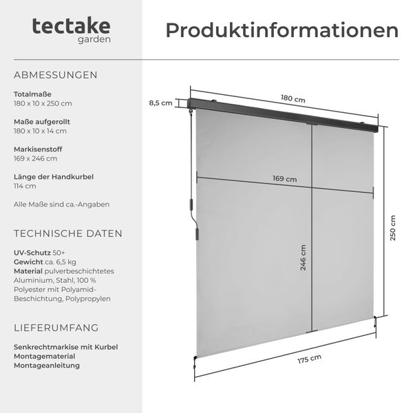 Senkrechtmarkise tectake Eloise inkl. Wandhaltern verschiedene Größen hellgrau