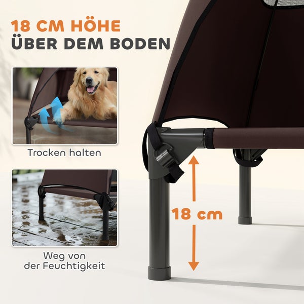 Detailansicht eines braunen Hundebetts, das 18 Zentimeter über dem Boden steht und vor Feuchtigkeit schützt.