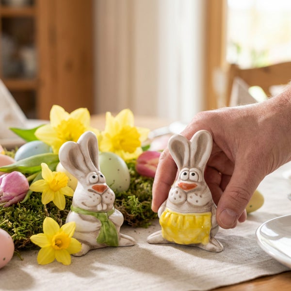 Eine Hand platziert eine keramische Osterhasenfigur als Tischdekoration neben einer weiteren Hasenfigur, Narzissen und Ostereiern.