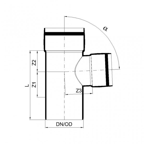 Technische Zeichnung eines HT-Abzweigs mit Maßangaben für Länge, Durchmesser und Winkel.