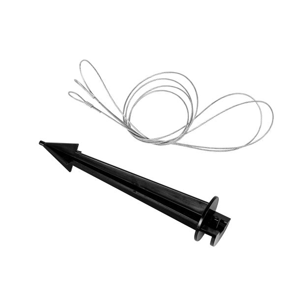 Schwarzer Kunststoff-Erdspieß mit silberfarbenem Drahtseil.