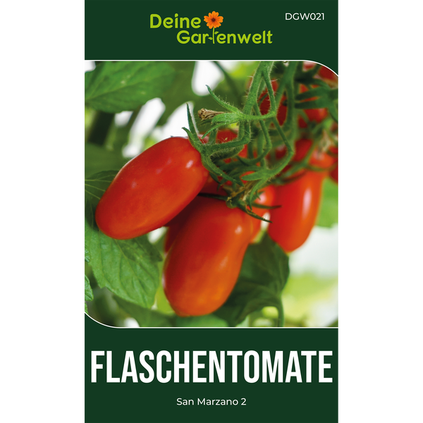 Deine Gartenwelt Logo, Samen für Flaschentomate San Marzano 2, reife längliche Tomaten an der Pflanze.