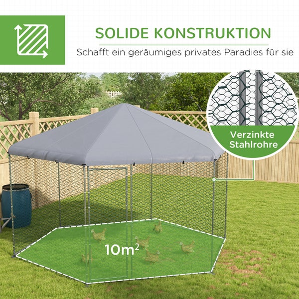 PawHut Hühnerstall, 400L x 346B x 263H cm, Stahl, Polyester, Silber