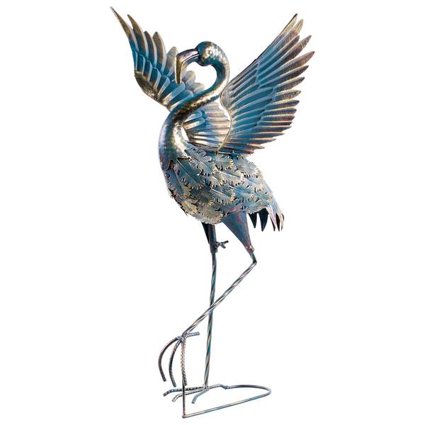 Dekorative Gartenfigur Flamingo aus Metall mit ausgebreiteten Flügeln und strukturiertem Körper.