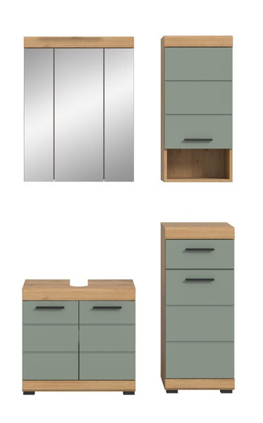 Badezimmermöbel Set bestehend aus Spiegelschrank, Waschbeckenunterschrank und zwei Hochschränken mit salbeigrünen Fronten und Eichenoptik.