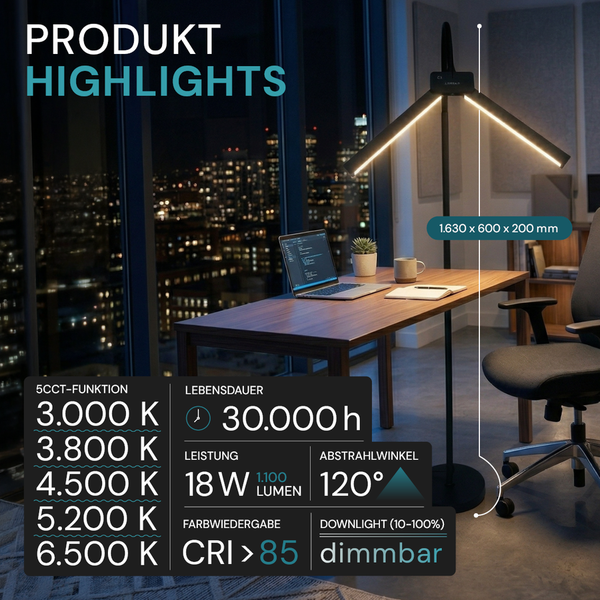 Moderne LED-Stehleuchte für das Büro mit Produktdetails: einstellbare Farbtemperatur, 30.000 Stunden Lebensdauer, dimmbar und Maße.