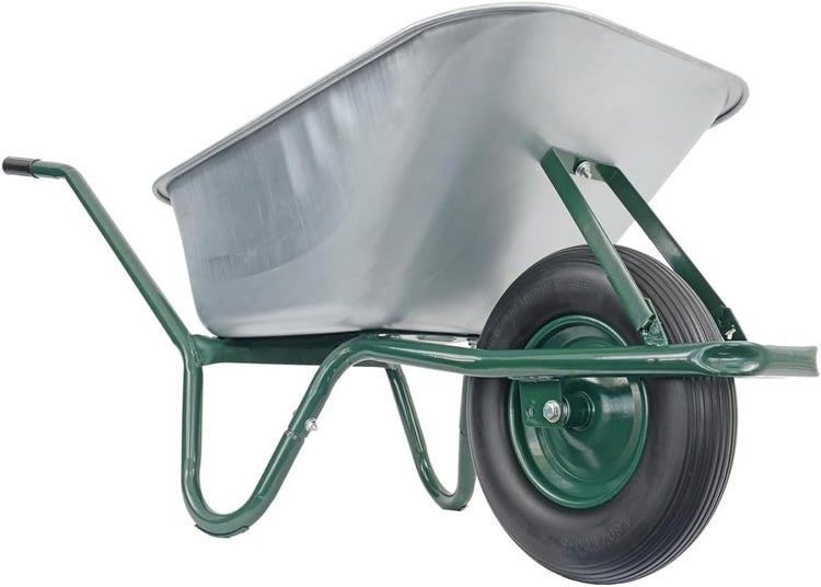 Schubkarre mit Stahlwanne und grünem Fahrgestell