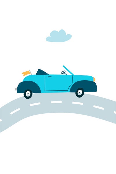 Illustration eines blauen Oldtimer-Cabrios auf einer Straße