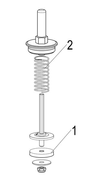 Technische Zeichnung einer Ventilspindel für Armaturen mit Feder und Dichtung in Explosionsdarstellung.