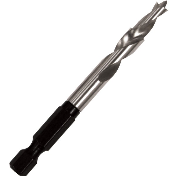 Holzbohrer mit schwarzem Sechskantschaft und silberner Bohrspirale aus Metall.