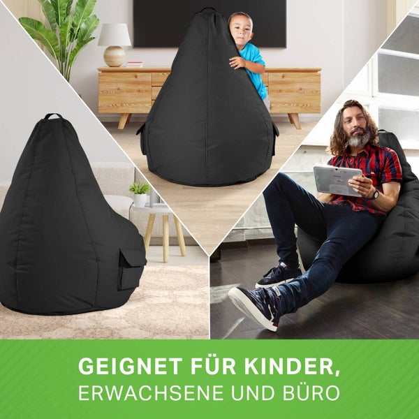 Green Bean 2er Set Sitzsack + Hocker - fertig befüllt - robust waschbar schmutzabweisend - Kinder & Erwachsene Bean Bag Bodenkissen Lounge Sitzhocker Relax-Sessel Gamer Gamingstuhl Pouf - Schwarz