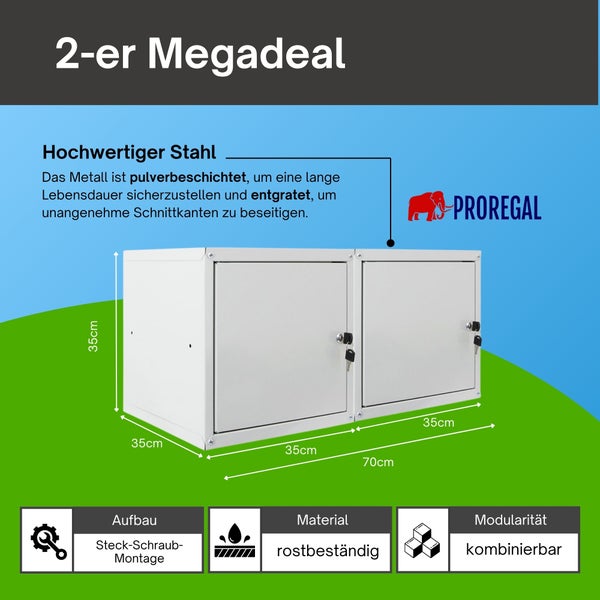 Zwei kombinierbare, abschließbare Wandschränke aus pulverbeschichtetem Stahl, rostbeständig, 70 mal 35 mal 35 Zentimeter, ProRegal Logo.