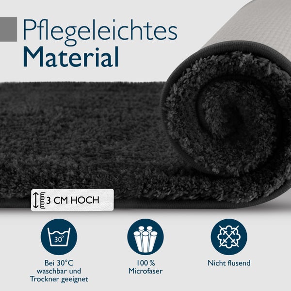 Pflegeleichter Badteppich aus Mikrofaser, 3 Zentimeter hoch, bei 30 Grad waschbar, trocknergeeignet und flusenfrei.