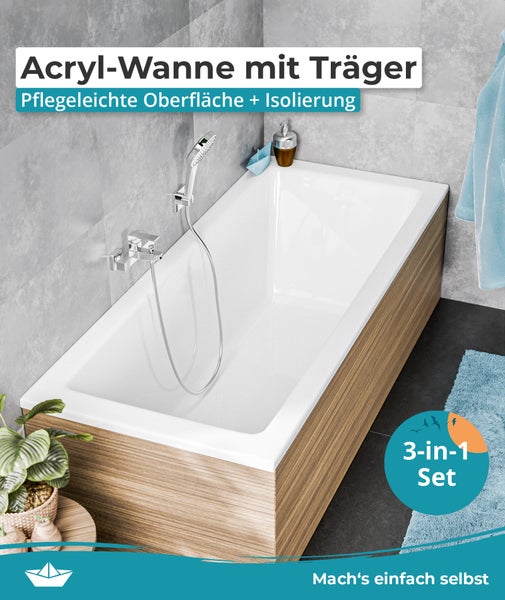 Rechteckige Acryl-Badewanne mit Verkleidung in Holzoptik, Armatur und Handbrause in einem modern gefliesten Badezimmer. 3-in-1 Set.