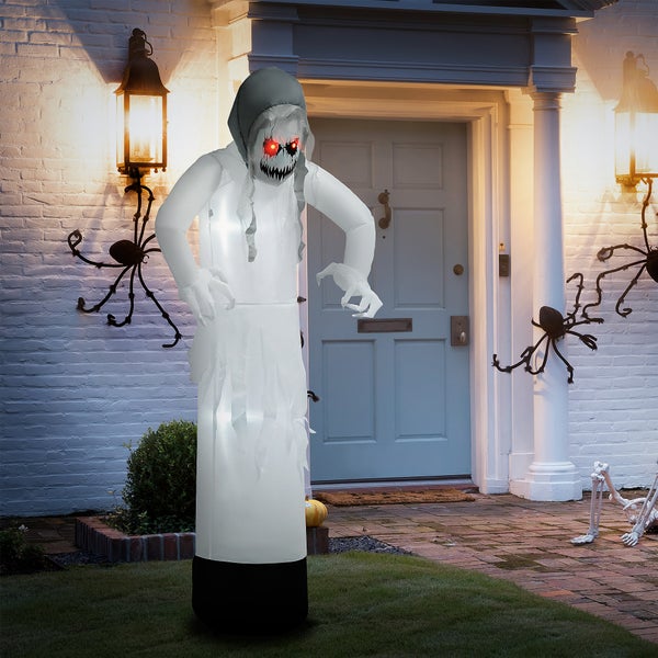 Outsuuny Geisterhexe mit roten Augen aufblasbar Halloween Hexen Deko für den Innen und Außenbereich mit LED-Lichtern 77 x 47 x 180 cm Weiß