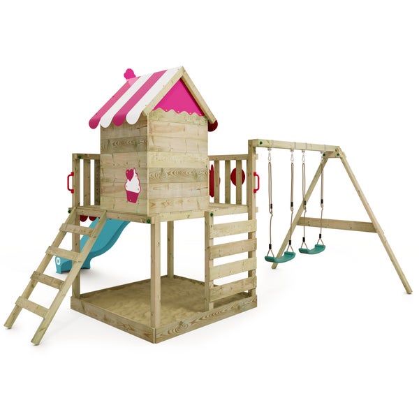 WICKEY Spielturm Klettergerüst Smart Candy mit Schaukel und Rutsche, Baumhaus mit Sandkasten, Kletterleiter und Spiel-Zubehör - türkis