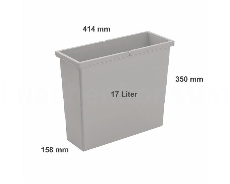 Grauer Abfalleimer aus Kunststoff, 17 Liter Volumen, Maße 414 Millimeter Breite, 350 Millimeter Höhe, 158 Millimeter Tiefe.