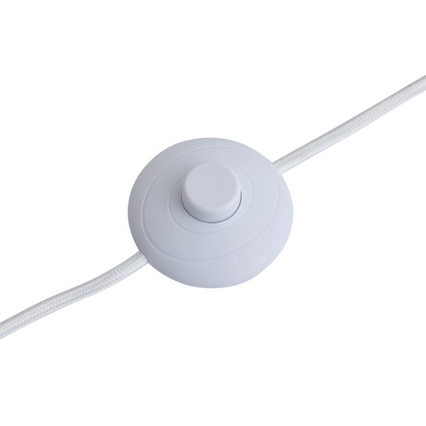 Runder Fußschalter in Weiß mit stoffummanteltem Kabel.