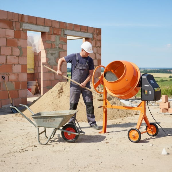 Bauarbeiter mit weißem Helm bedient einen orangefarbenen Betonmischer auf einer Baustelle neben einer Schubkarre und Ziegelmauerwerk.