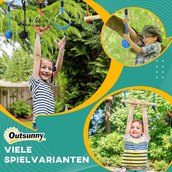 Outsunny Logo. Kinder spielen mit Turnringen und einer Sprossenstange im Garten.